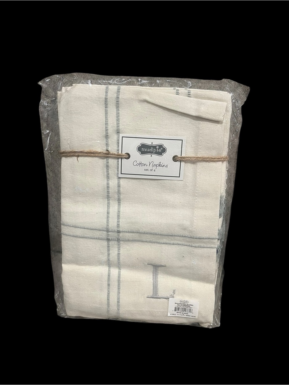 Mud Pie “L” Initial Cotton Napkins Set of 4 Off White & Gray NWT 20x20 Tassels